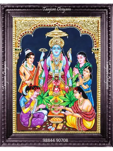 Sathya Narayana Lord Vishnu Tanjore painting featuring devotees offering prayers in rich traditional colours and gold foil work.